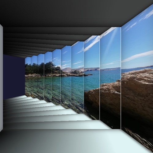 Photo 3D expo revealing entrance hall displaying with wall of picture