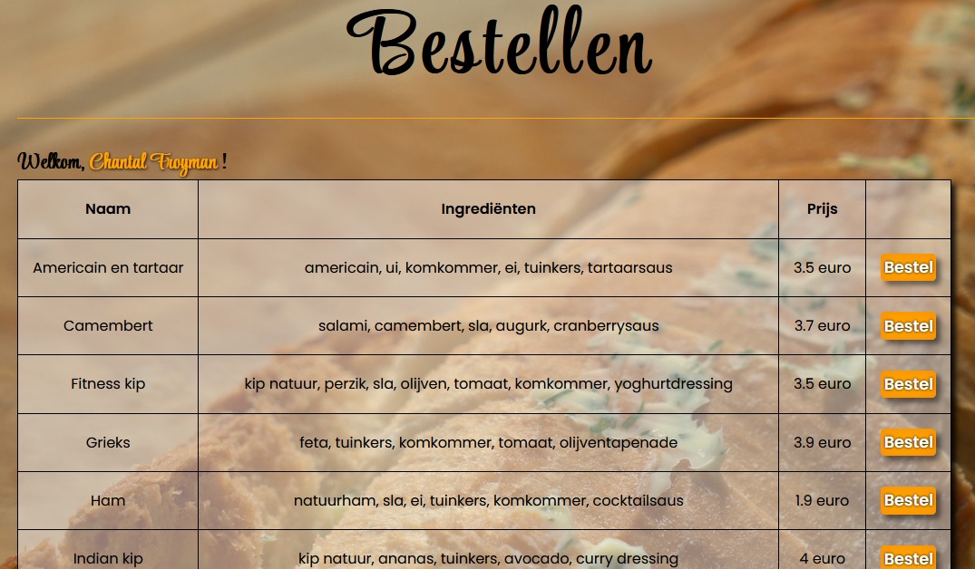 Sandwichbar webshop order page view on desktop