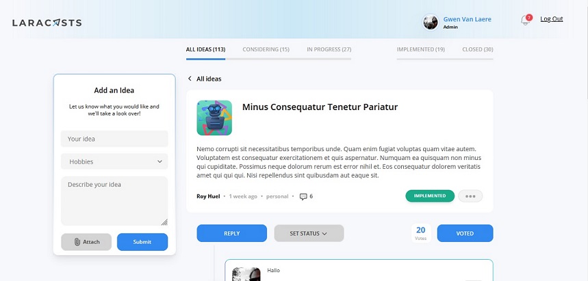 Voting application single idea page desktop view