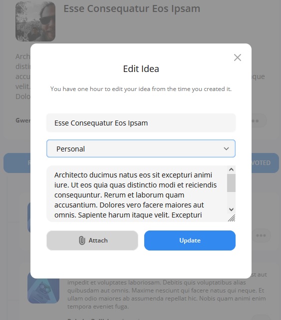Voting application edit idea modal view on mobile